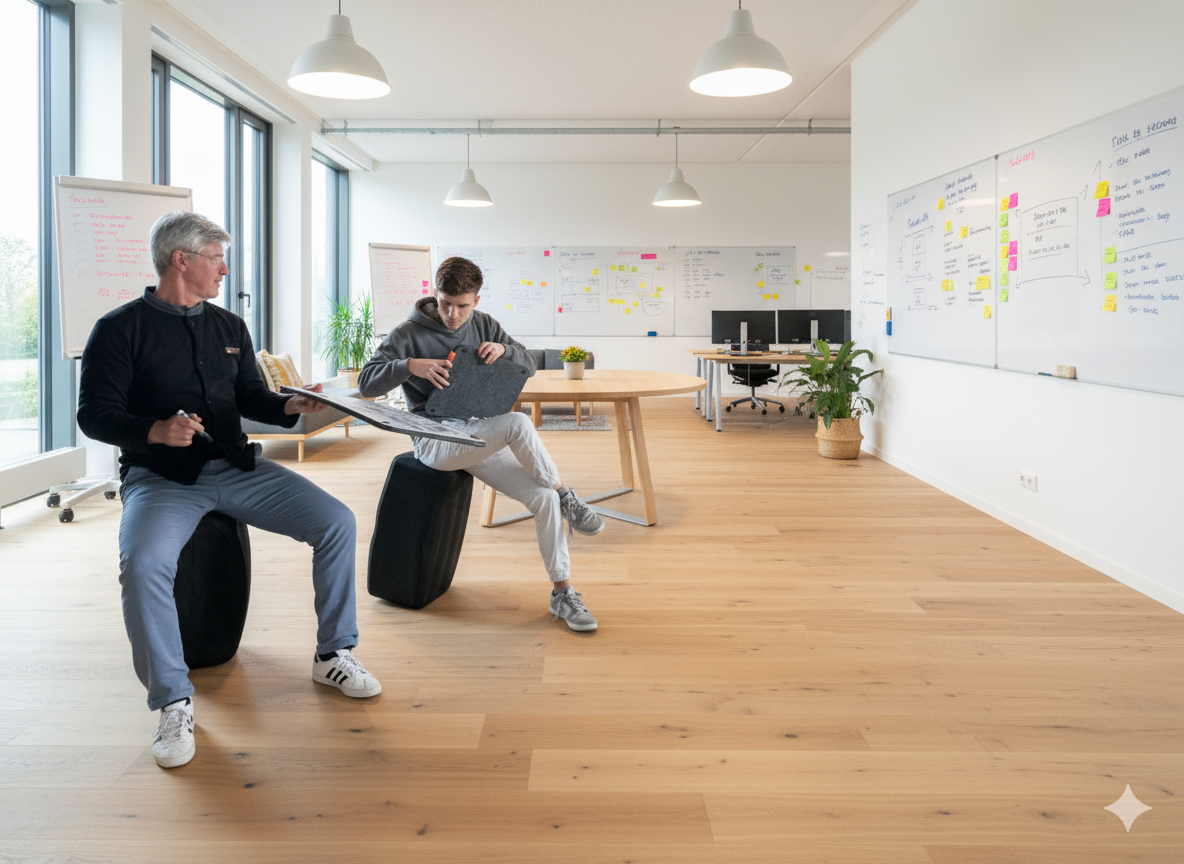 zwei Männer sitzen auf einem Hockbloc und haben ein ultraleichtes Whiteboard auf dem Schoss und malen