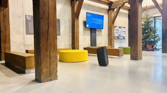 Ein moderner Empfangs- oder Loungebereich in einem Gebäude mit rustikalen Holzbalken. Der Raum ist mit gelben und grünen Sitzkissen, Holzbänken und einem Weihnachtsbaum geschmückt.