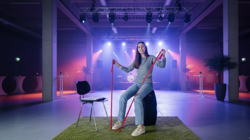 Ein freigestelltes, großes, schwarzes, zylinderförmiges Trainings- oder Sitzobjekt mit abgerundeten, unregelmäßigen Kanten und einer Kordelschlaufe. Auf dem Bezug sind in schwarzer Schrift die Wörter „Stand“ und „Fit“ aufgedruckt.