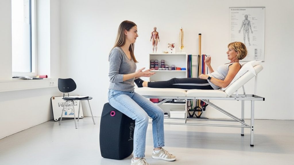Zwei Frauen in einem hellen Physiotherapie- oder Arztzimmer. Eine junge Frau sitzt auf einem schwarzen Trainingskissen und spricht mit einer älteren Frau, die auf einer Untersuchungsliege liegt und in der Hand eine kleine Flasche hält