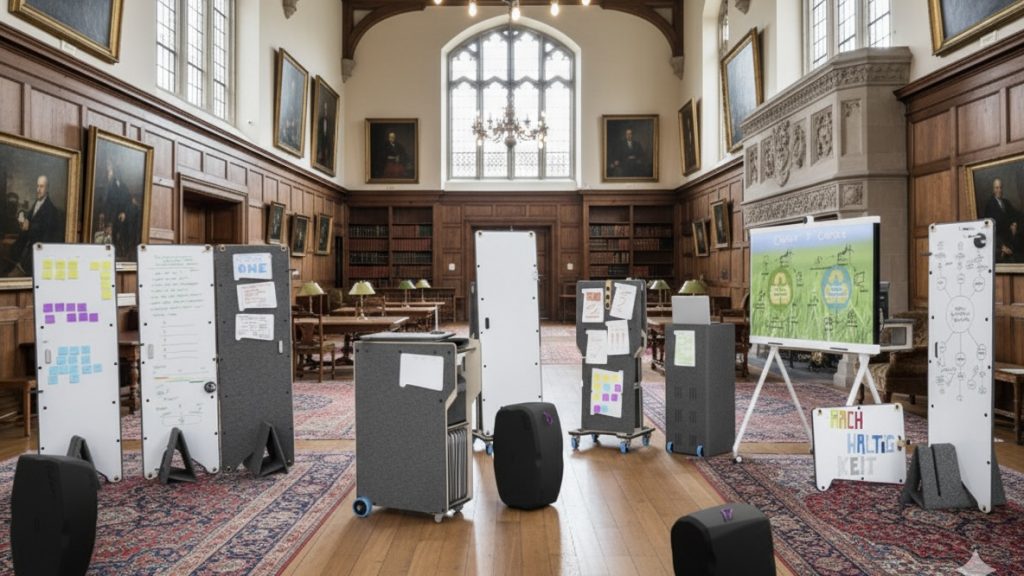 Ein großes, historisches Bibliothekszimmer mit Holztäfelung und Gemälden, das mit modernen, mobilen Whiteboards, Pinnwänden und schwarzen Trainingskissen für ein Brainstorming oder eine Konferenz neu ausgestattet wurde.