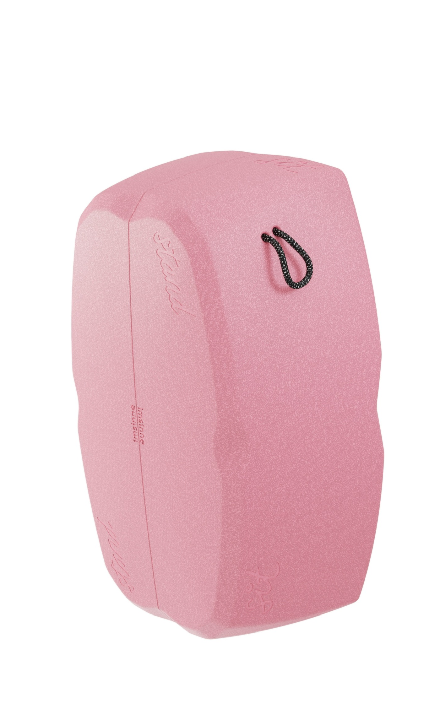 Ein freigestelltes, großes, rosafarbenes, zylinderförmiges Trainings- oder Sitzobjekt mit abgerundeten Kanten und einer schwarzen Kordelschlaufe. Auf dem Bezug sind in schwarzer Schrift die Wörter „Stand“, „Fit“ und „Push“ aufgedruckt.