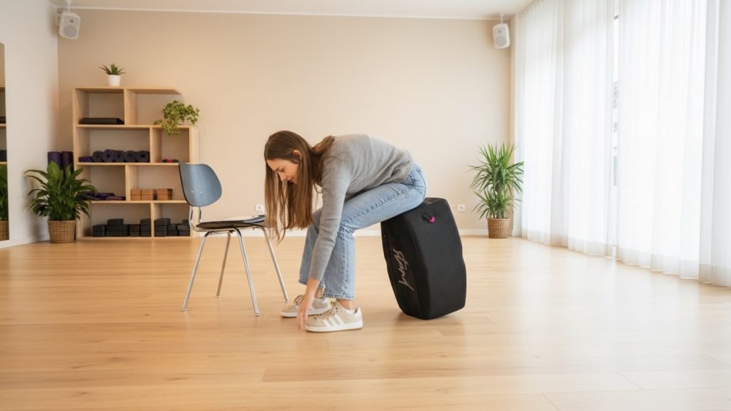 Junge, weißhäutige Frau in einem hellen Fitness- oder Yogastudio. Sie sitzt auf einem großen, schwarzen, kissenartigen Sportgerät mit der Aufschrift „Julius“ und beugt sich nach vorne, um einen schwarzen Stuhl vor sich zu greifen