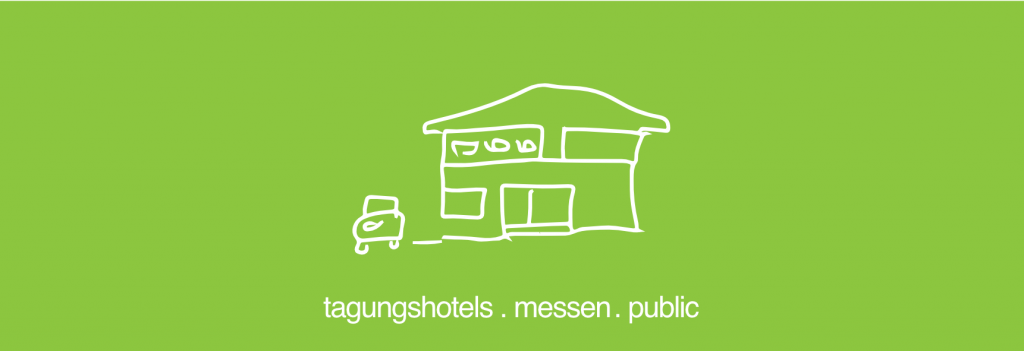 Eine einfache weiße Skizze eines zweistöckigen Hauses mit einem kleinen Auto davor auf einem hellgrünen Hintergrund. Darunter steht in weißer, serifenloser Schrift der Text „tagungshotels . messen . public“.