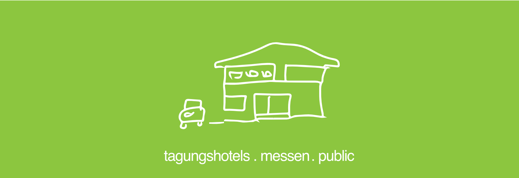 Eine einfache weiße Skizze eines zweistöckigen Hauses mit einem kleinen Auto davor auf einem hellgrünen Hintergrund. Darunter steht in weißer, serifenloser Schrift der Text „tagungshotels . messen . public“.
