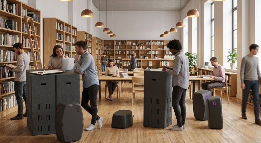 Studierende nutzen hockbloc Stehhocker und ideenmeet Stehpulte in einer Unibibliothek für Gruppenarbeit und ergonomisches Lernen.