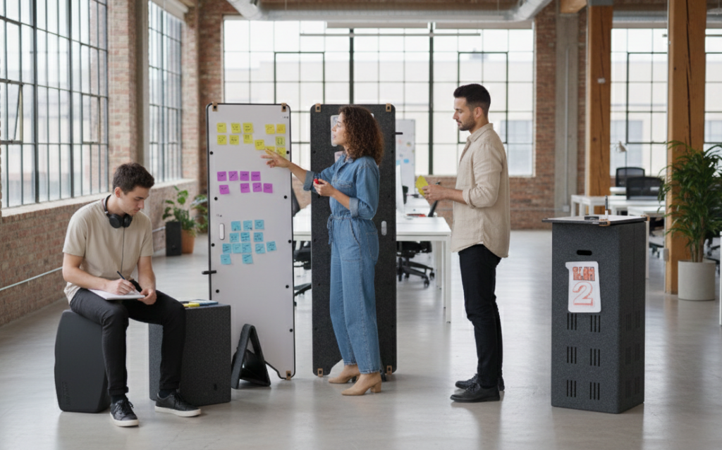 Studierende oder Forscher nutzen mobile Whiteboards für einen Workshop in der modernen Architektur der Bibliothek am Hubland in Würzburg.